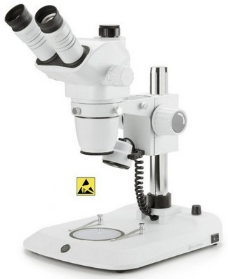 Euromex trinokulares Zoom-Stereomikroskop NexiusZoom 6,7-45x mit Säulenstativ und LED Auf- und Durchlichtbeleuchtung. Antistatische ESD Version. 