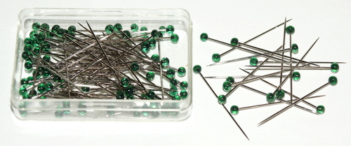 Spann-Nadeln 30mm, silberner Schaft, grüner Glaskopf, 100 St.