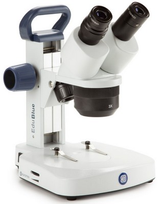 Euromex Stereomikroskop EduBlue mit 1x/2x/3x Objektivrevolver und Auf- & Durchlichtbeleuchtung (Zahnstangenstativ). Rabattiert.
